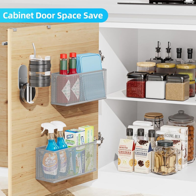 VITVITI 5 Pack Cabinet Door Organizer, Kitchen Over the Door Towel Holder and Tumbler Lid Organizer, Metal Adhesive Bathroom Inside Cabinet Doors Basket, Silver - Image 2